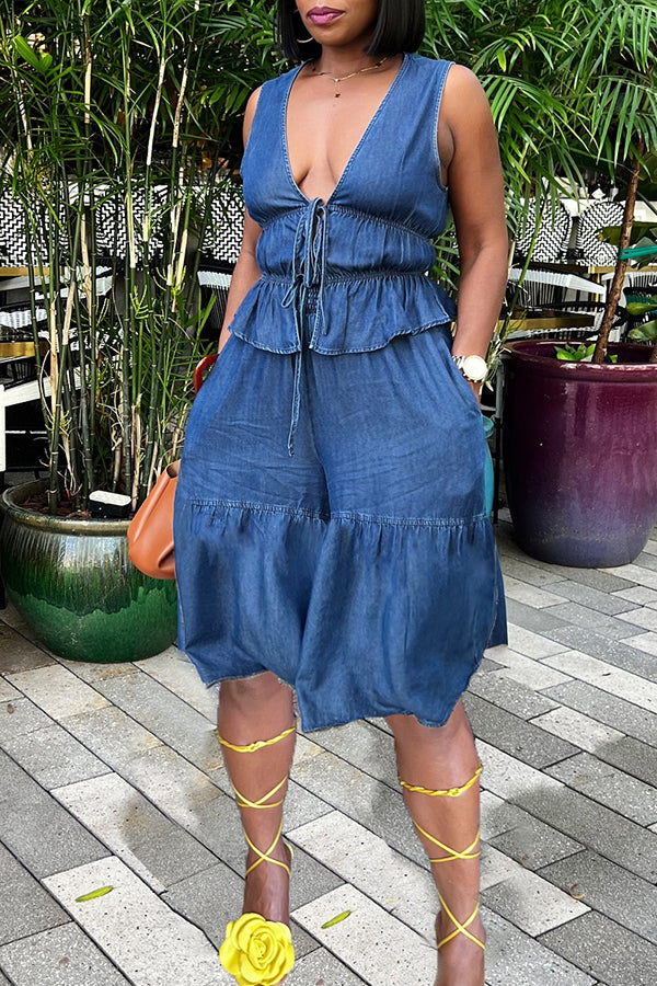 Stylish Bandage Denim Vest & Shorts Set