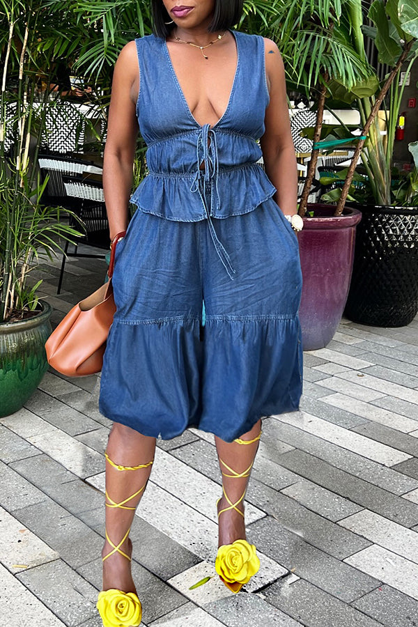 Stylish Bandage Denim Vest & Shorts Set