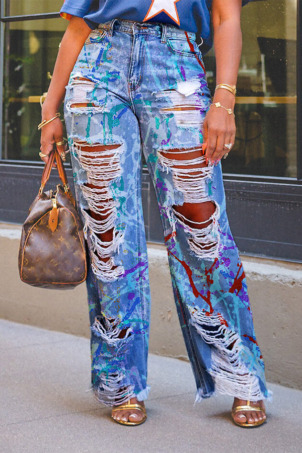 Chic Graffiti Print Ripped Straight Jeans