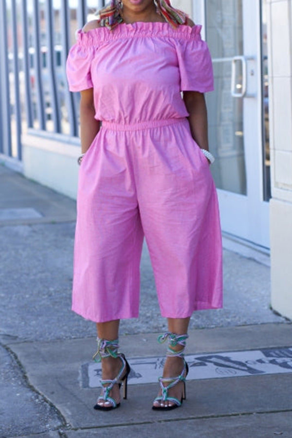 Vintage Off Shoulder Slant Pocket Romper