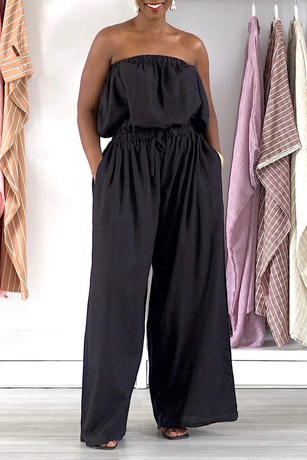 Casual Loose Off Shoulder Drawstring Waist Jumpsuit
