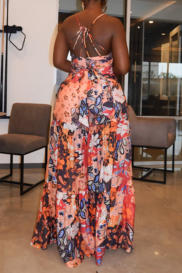 Vacation Ruffle Hem Printed Jumpsuit