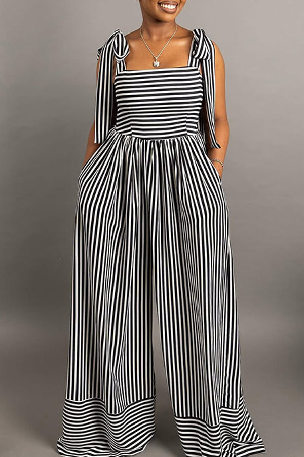 Casual Shoulder Knot Striped Jumpsuit
