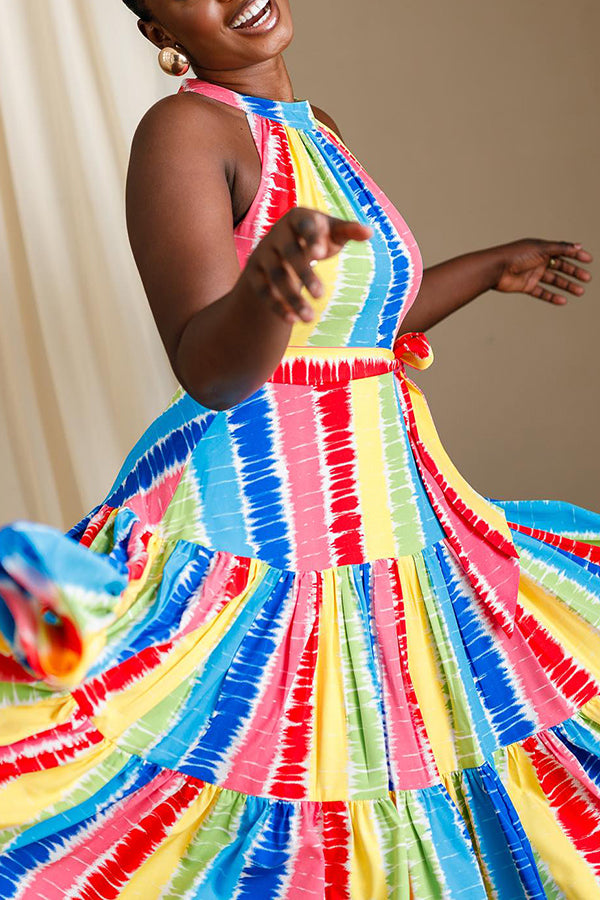 Colorful Ruffle Hem Belted Midi Dress