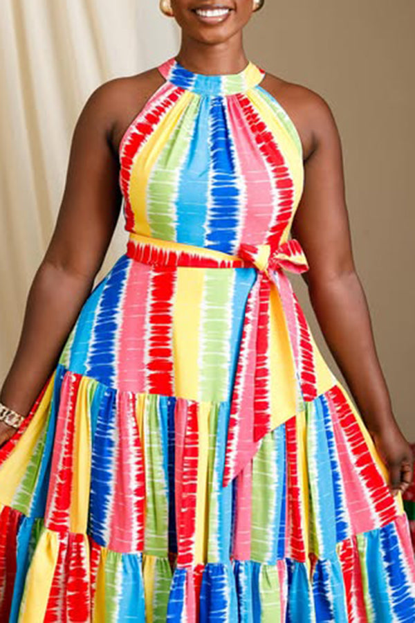 Colorful Ruffle Hem Belted Midi Dress