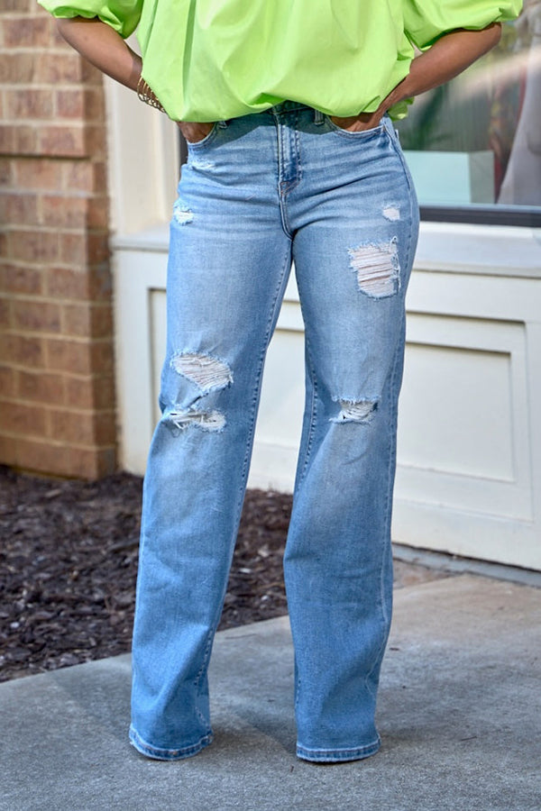 Stylish High Waist Ripped Wide Leg Jeans