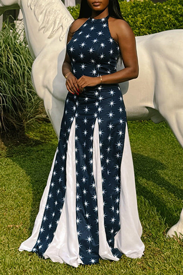 Stylish Twinkle Star Printed Patchwork Maxi Dress