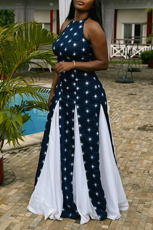 Stylish Twinkle Star Printed Patchwork Maxi Dress