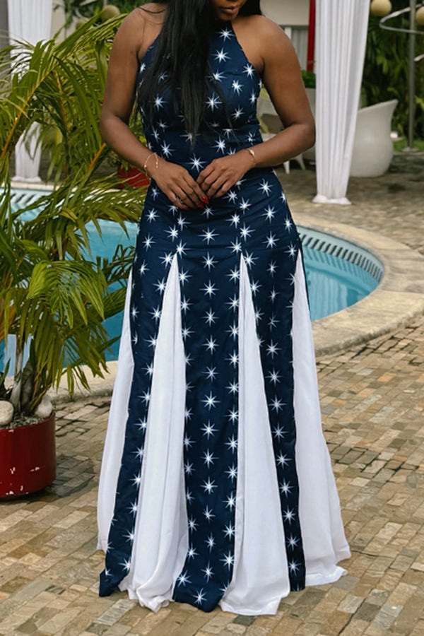 Stylish Twinkle Star Printed Patchwork Maxi Dress