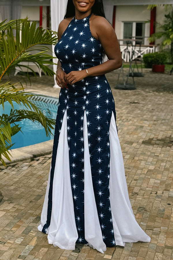 Stylish Twinkle Star Printed Patchwork Maxi Dress