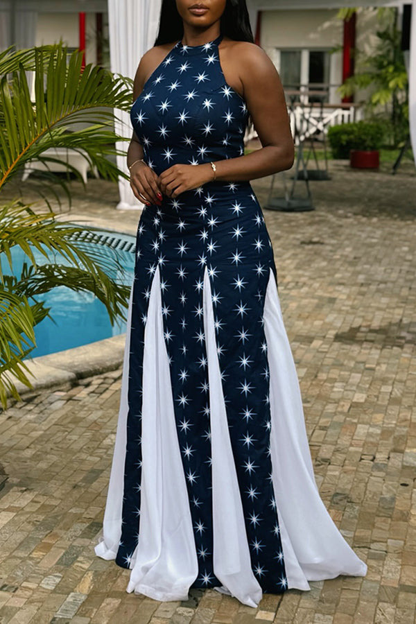 Stylish Twinkle Star Printed Patchwork Maxi Dress