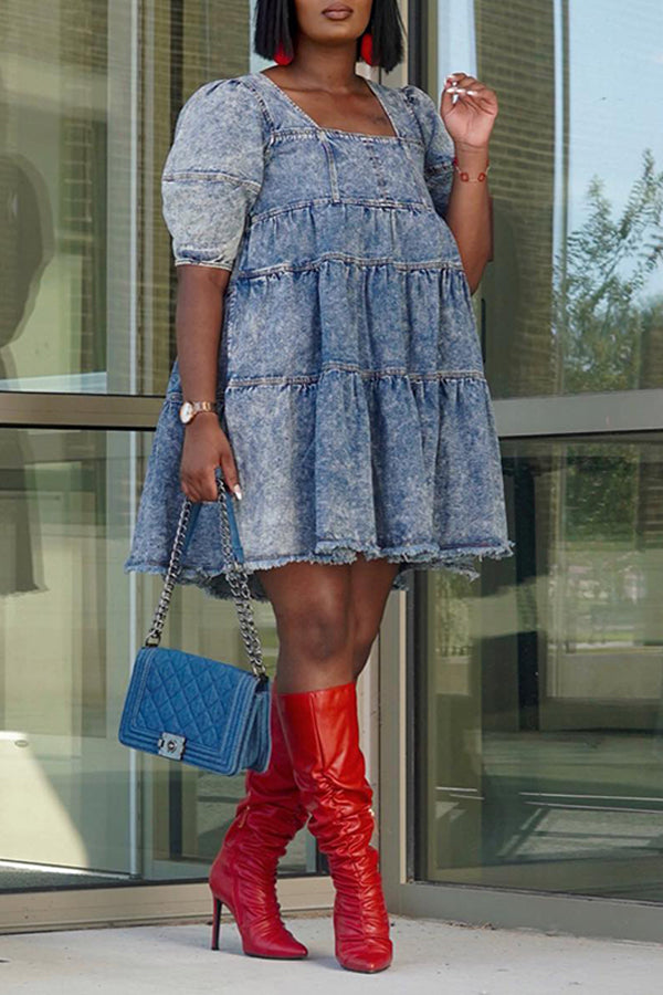 Stylish Acid Wash Ruffle Hem A-Line Dress