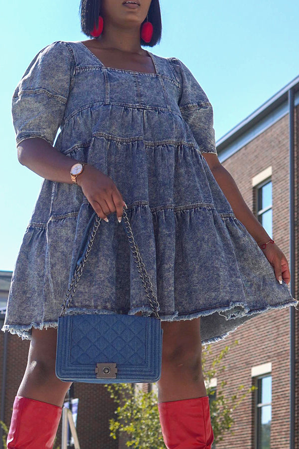 Stylish Acid Wash Ruffle Hem A-Line Dress