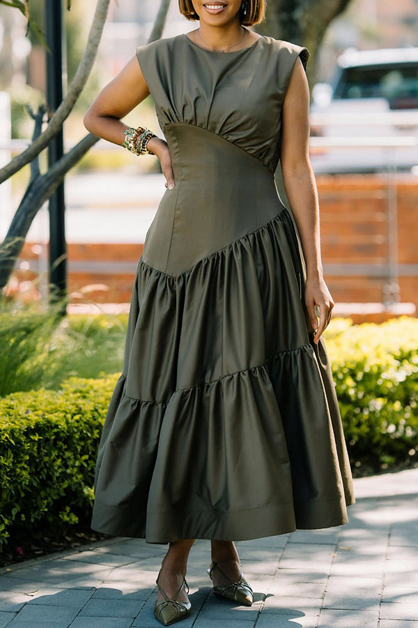 Casual Pleated Ruffle Hem Maxi Dress