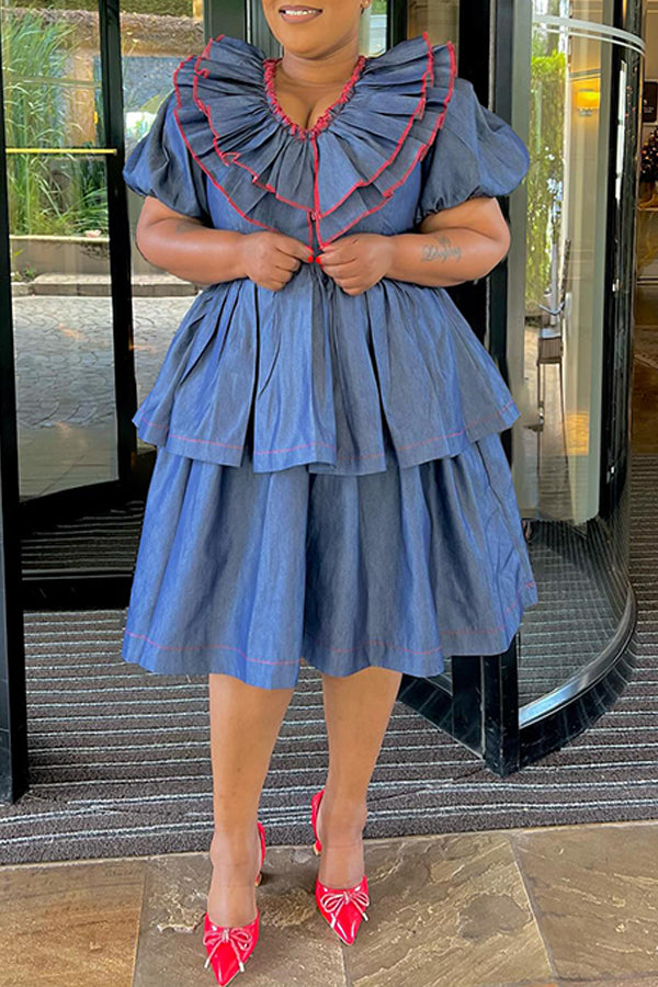 Vintage Ruffle Hem V-Neck A-Line Denim Dress