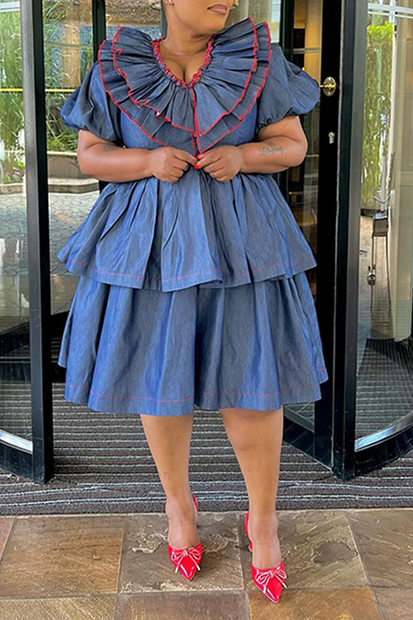 Vintage Ruffle Hem V-Neck A-Line Denim Dress