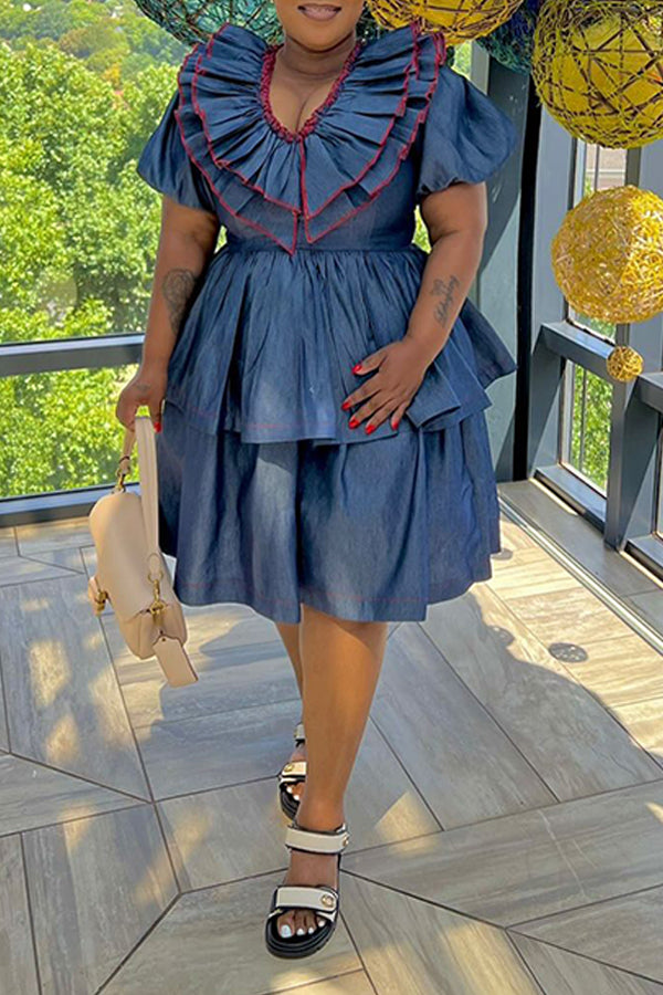 Vintage Ruffle Hem V-Neck A-Line Denim Dress