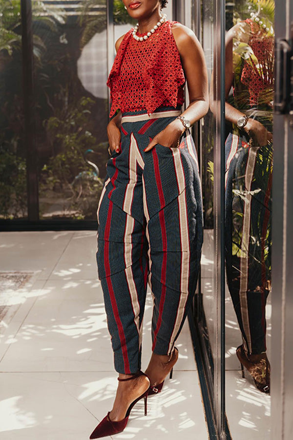 Vintage Hollow Top & Printed Pants Set
