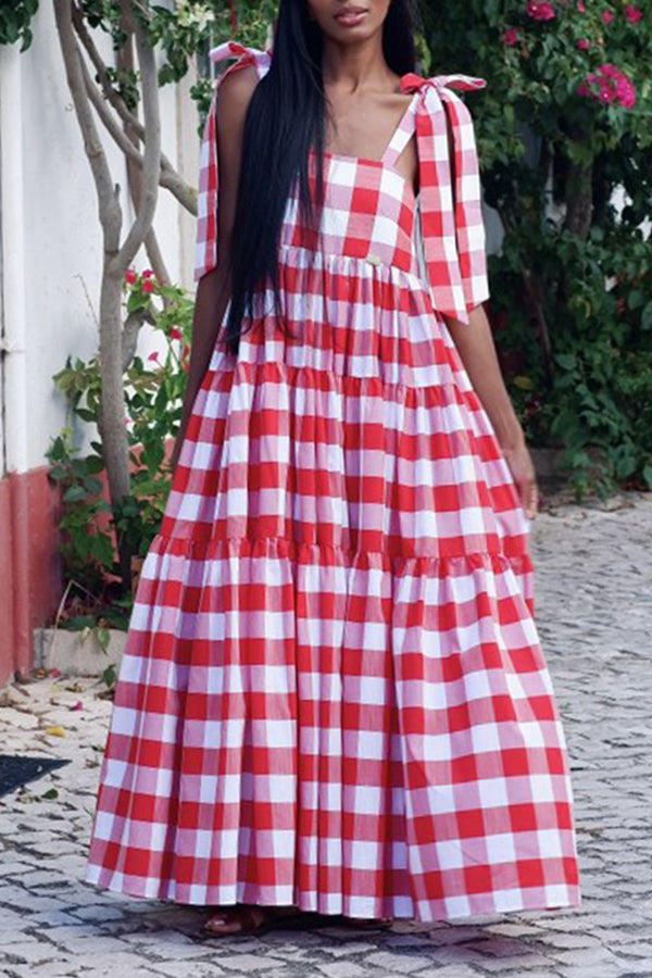 Holiday Plaid Ruffle Hem Maxi Dress