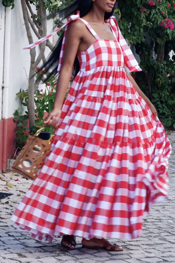 Holiday Plaid Ruffle Hem Maxi Dress