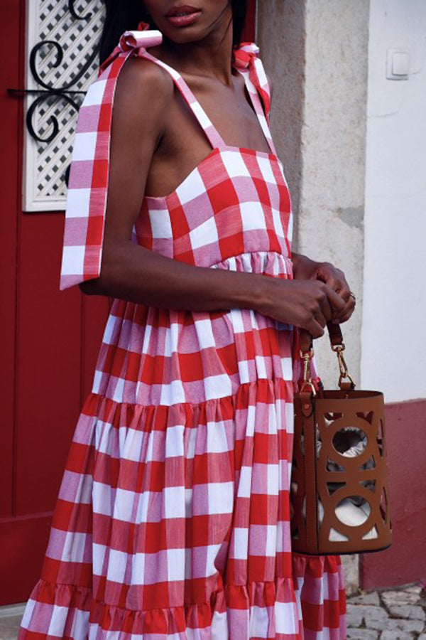 Holiday Plaid Ruffle Hem Maxi Dress