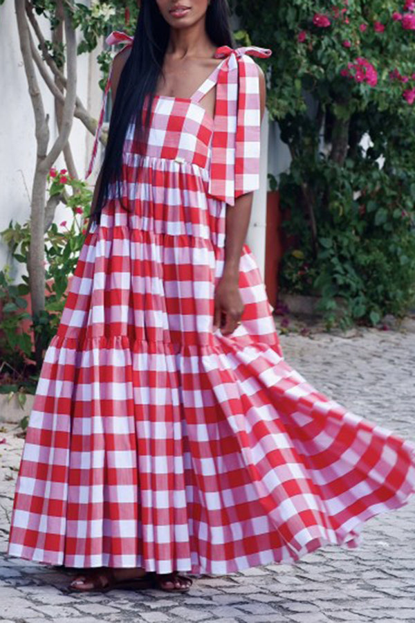 Holiday Plaid Ruffle Hem Maxi Dress