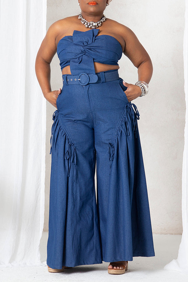 Stylish Denim Bandeau Top & Tassel Wide Leg Pants Set