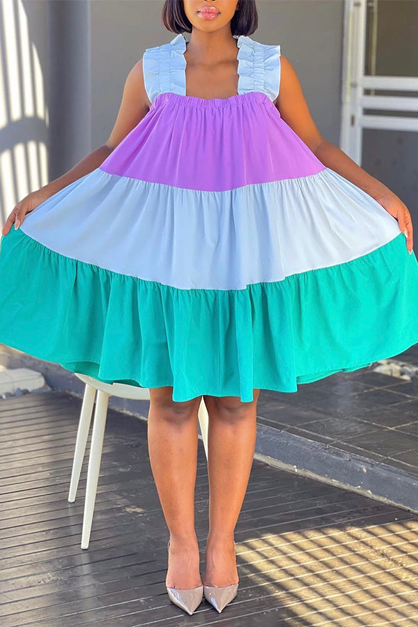 Vintage Colorblock Layered Ruffle Midi Dress