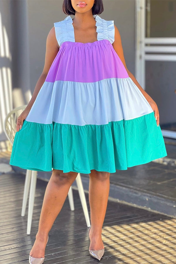 Vintage Colorblock Layered Ruffle Midi Dress