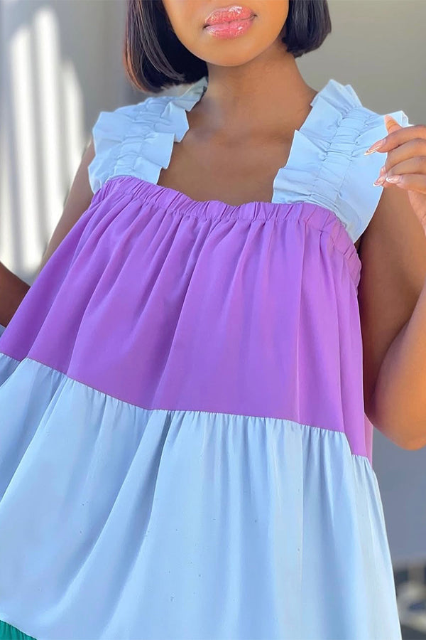 Vintage Colorblock Layered Ruffle Midi Dress
