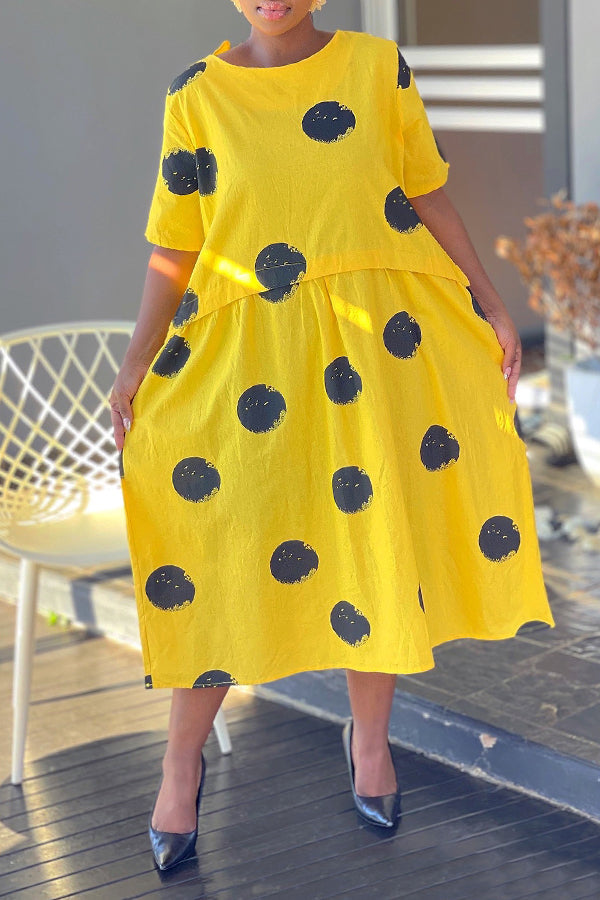 Vintage Round Neck Polka Dot Print Midi Dress