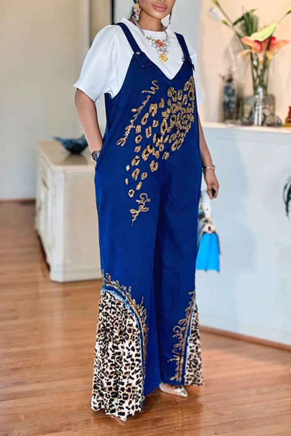 Stunning Rhinestone Leopard Print Denim Jumpsuit 