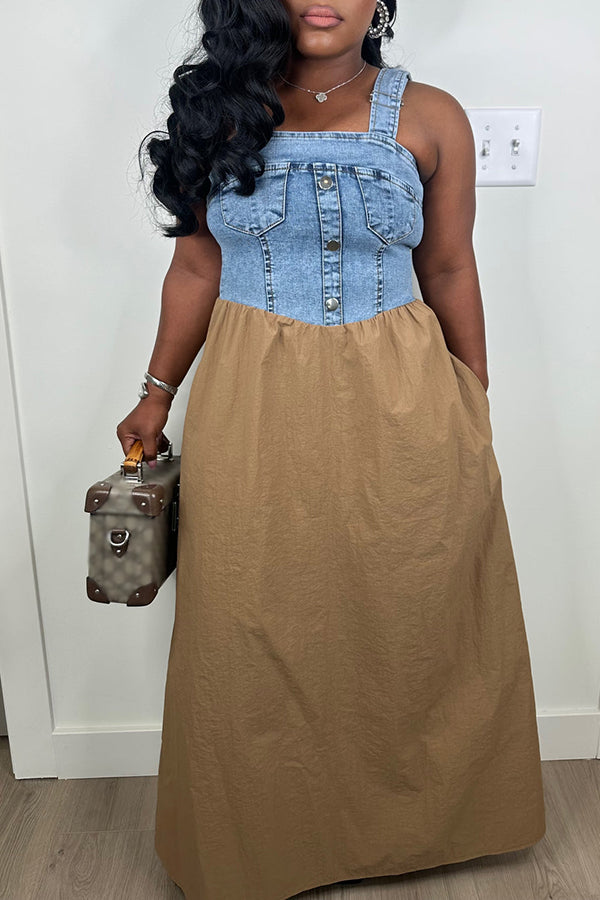 Casual Adjustable Straps Denim Patch Dress