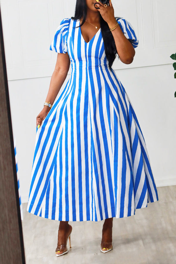 Vintage V-neck Puff Sleeve Striped Dress