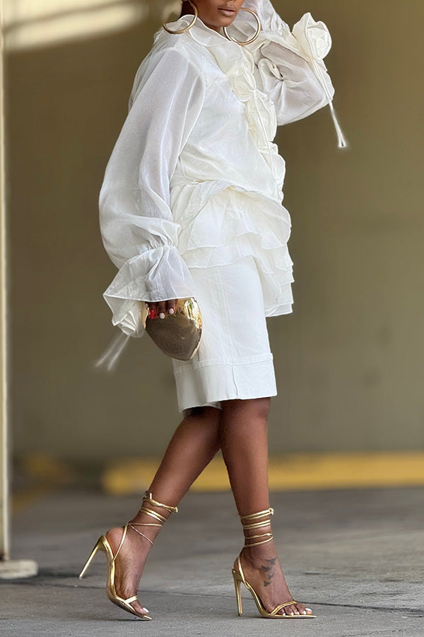 Romantic Rose Decorative Ruffle Hem Shirt