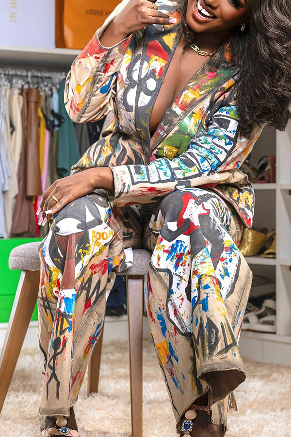 Stylish Allover Print Blazer & Pants Set