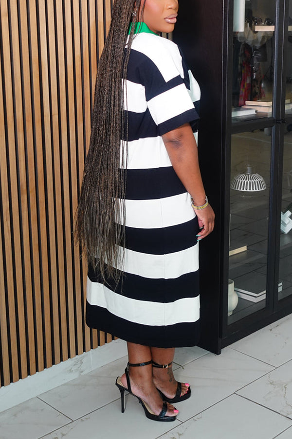 Casual Striped Contrast Shirt Midi Dress