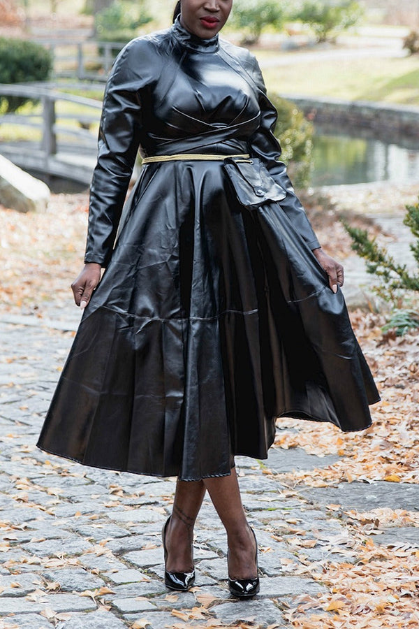 Chic High Neck Faux Leather Midi Dress