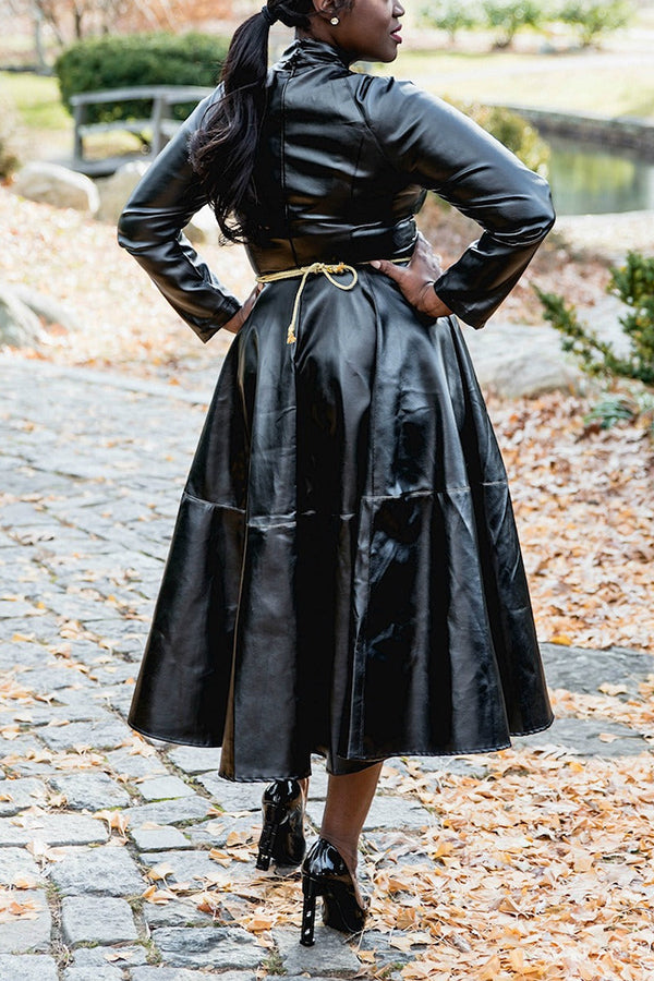 Chic High Neck Faux Leather Midi Dress