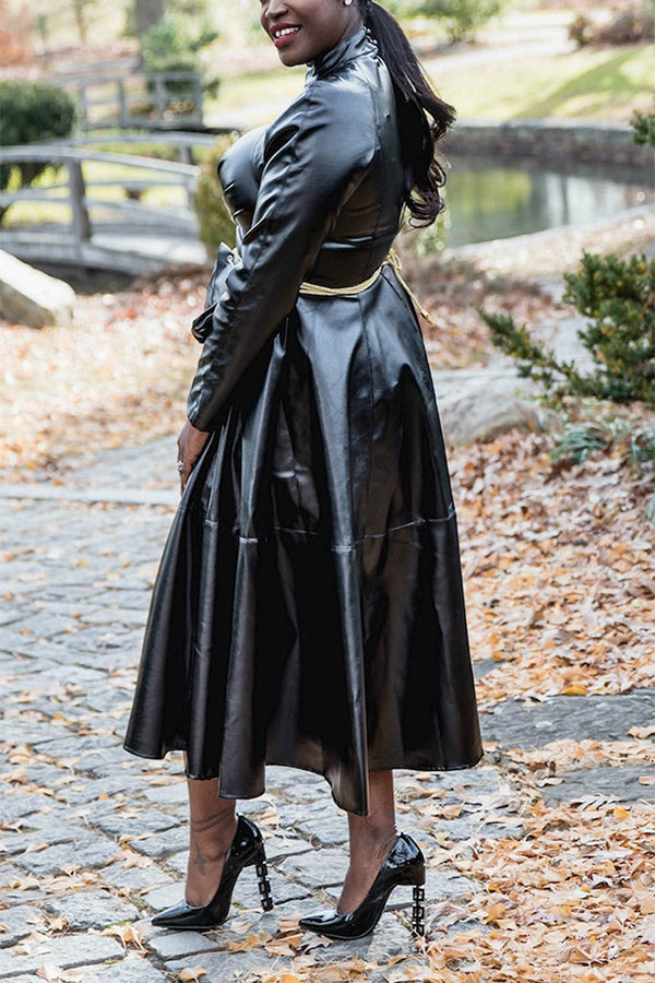 Chic High Neck Faux Leather Midi Dress