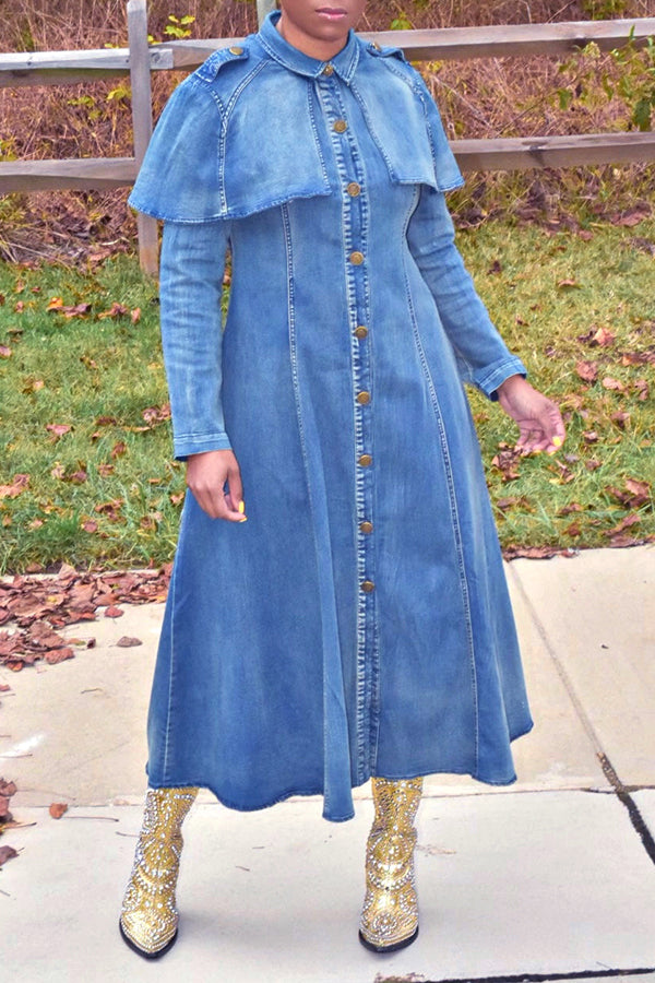 Vintage Button Up Cape Pockets Denim Dress