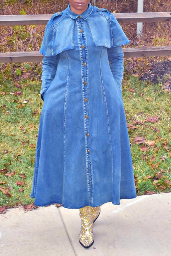 Vintage Button Up Cape Pockets Denim Dress