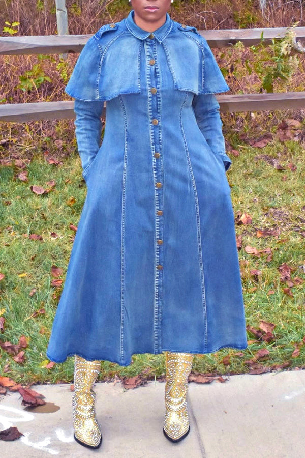 Vintage Button Up Cape Pockets Denim Dress