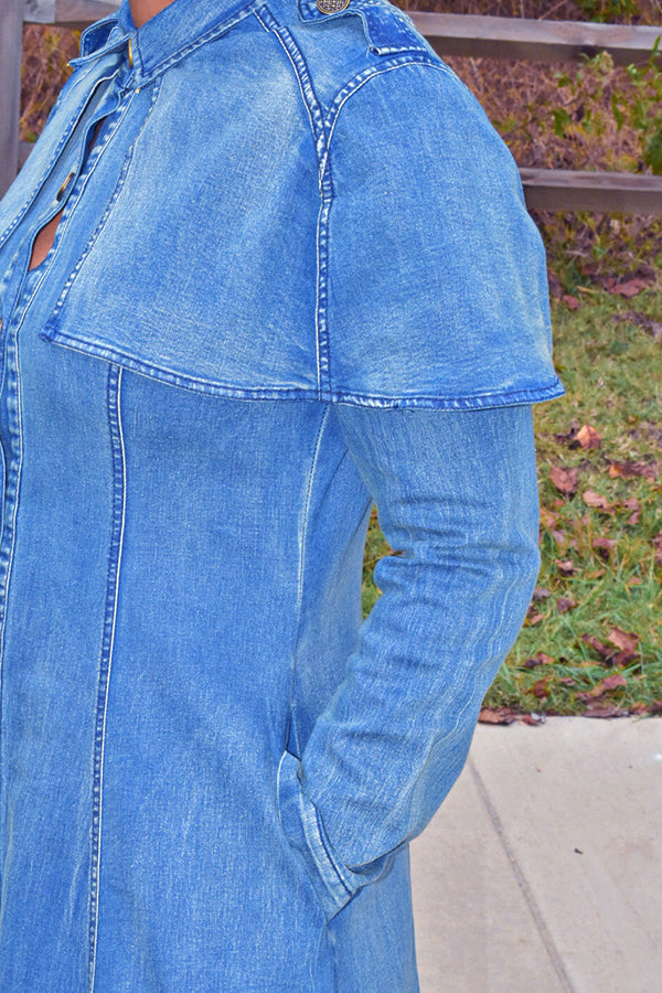 Vintage Button Up Cape Pockets Denim Dress