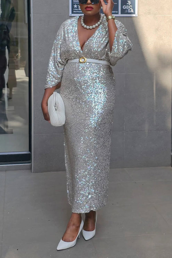 Stylish V-Neck Belted Sequin Dress