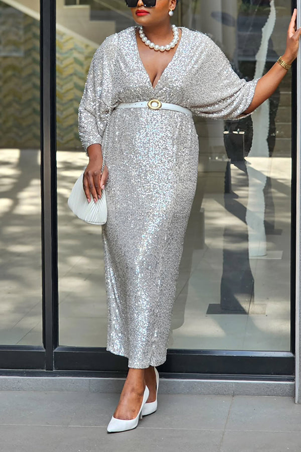 Stylish V-Neck Belted Sequin Dress