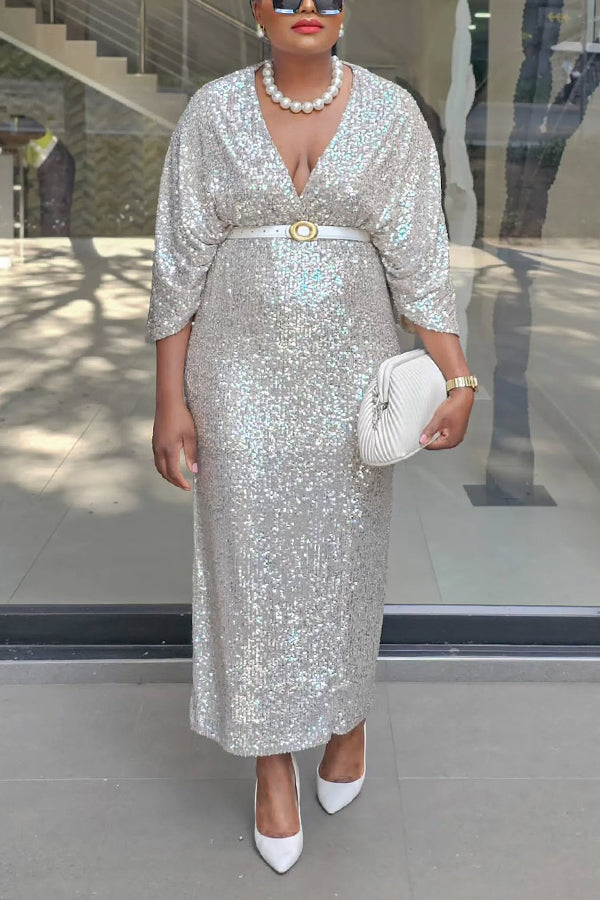 Stylish V-Neck Belted Sequin Dress