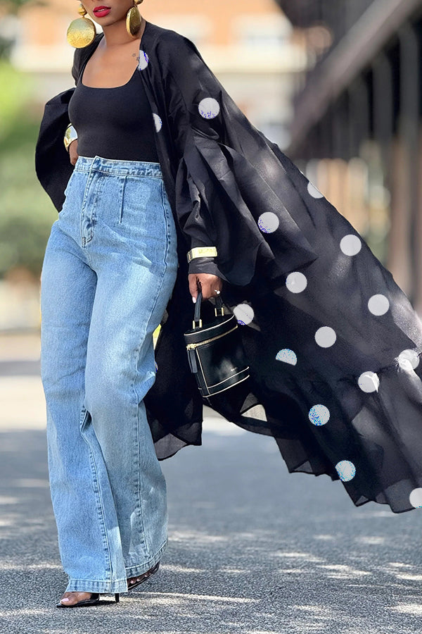 Elegant Polka Dot Print High-low Hem Kimono