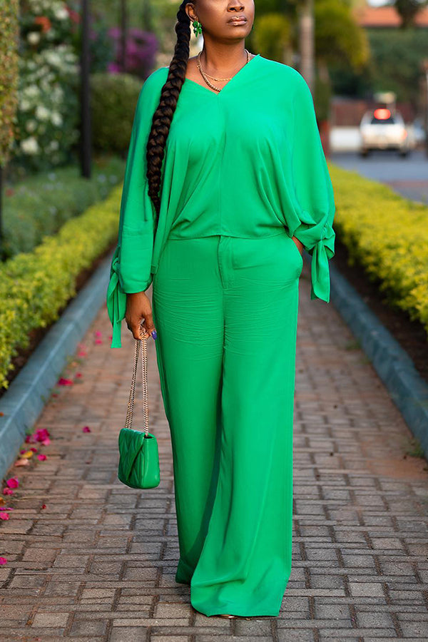 Casual V-neck Knotted Cuff Top & Pants Set