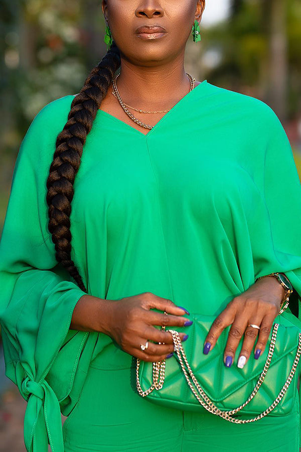 Casual V-neck Knotted Cuff Top & Pants Set